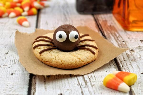Single Halloween spider cookie on a rustic white wood background with candy corn